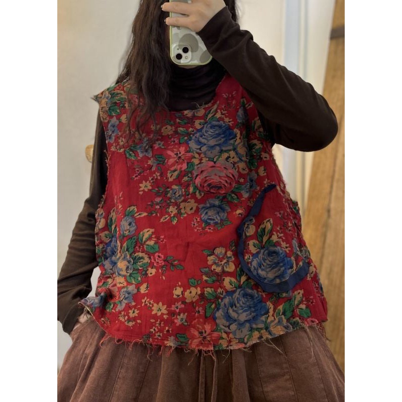 Unique Red O Neck Print Patchwork Cotton Waistcoat Sleeveless