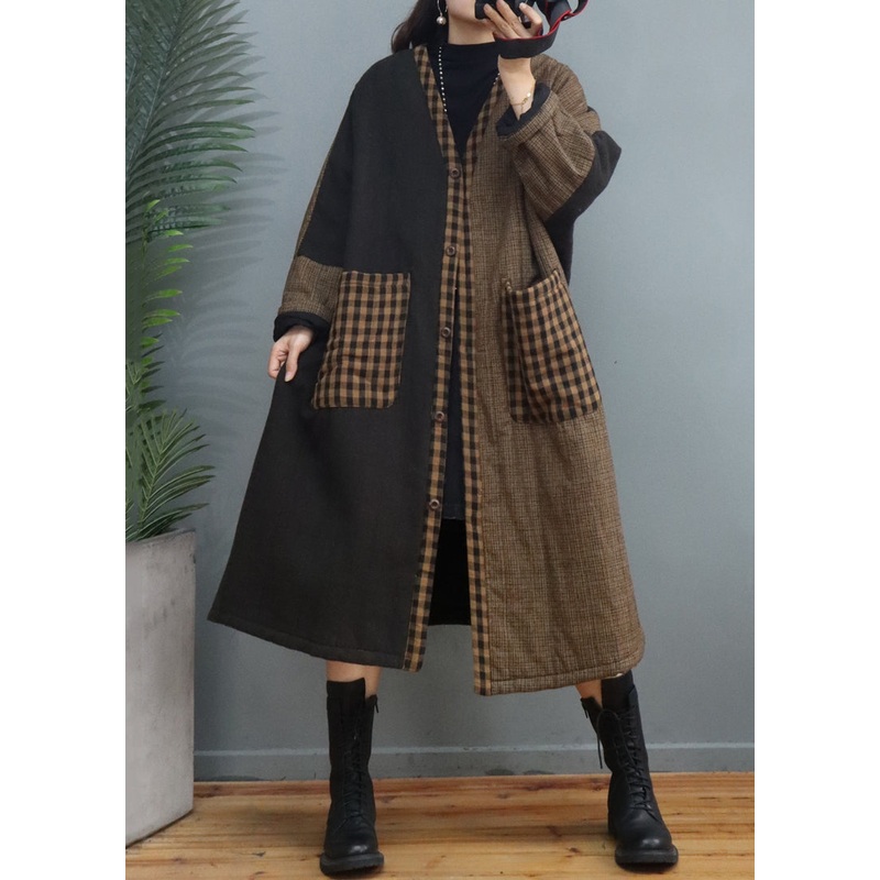 Vintage Coffee Plaid Pockets Patchwork Thick Long Coat Fall