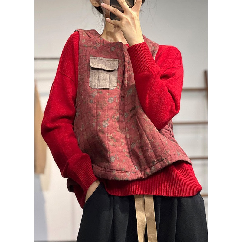 Vintage Red O-Neck Patchwork Pocket Fine Cotton Filled Vest Tops Winter