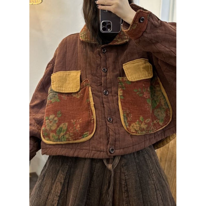 Vintage Wine Red Button Pockets Patchwork Cotton Coats Fall