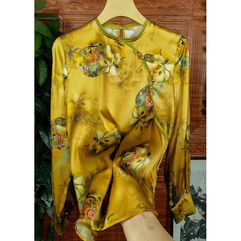 Vintage Yellow Button Print Patchwork Silk Shirts Long Sleeve