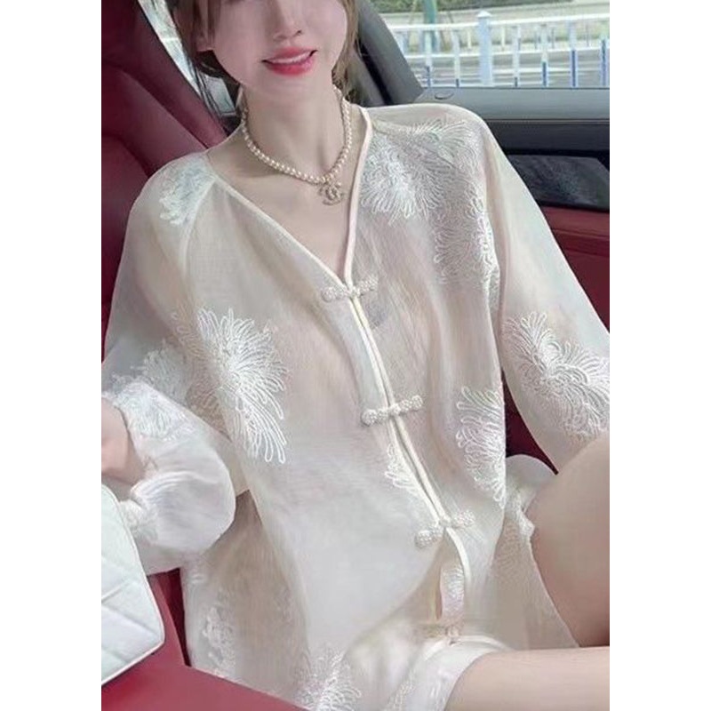 Vogue White Embroideried Button Chiffon UPF 50+ Shirt Fall