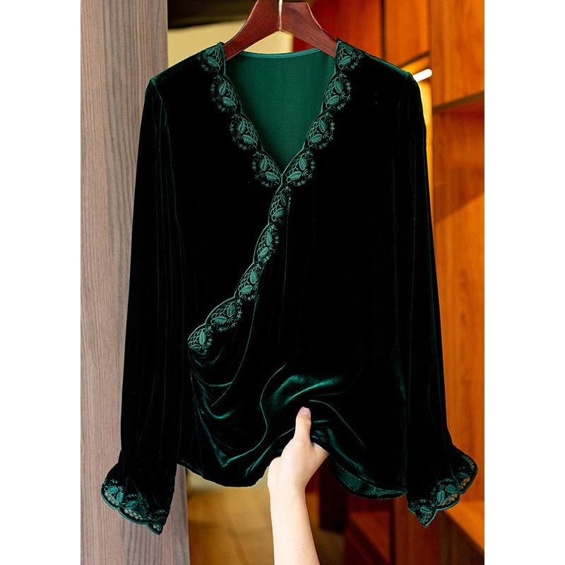 Women Black V Neck Embroideried Silk Velour Top Long Sleeve