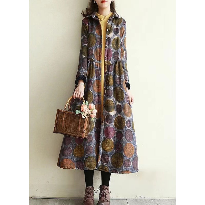 Women Blue Peter Pan Collar Pockets Print Warm Fleece Trench Winter
