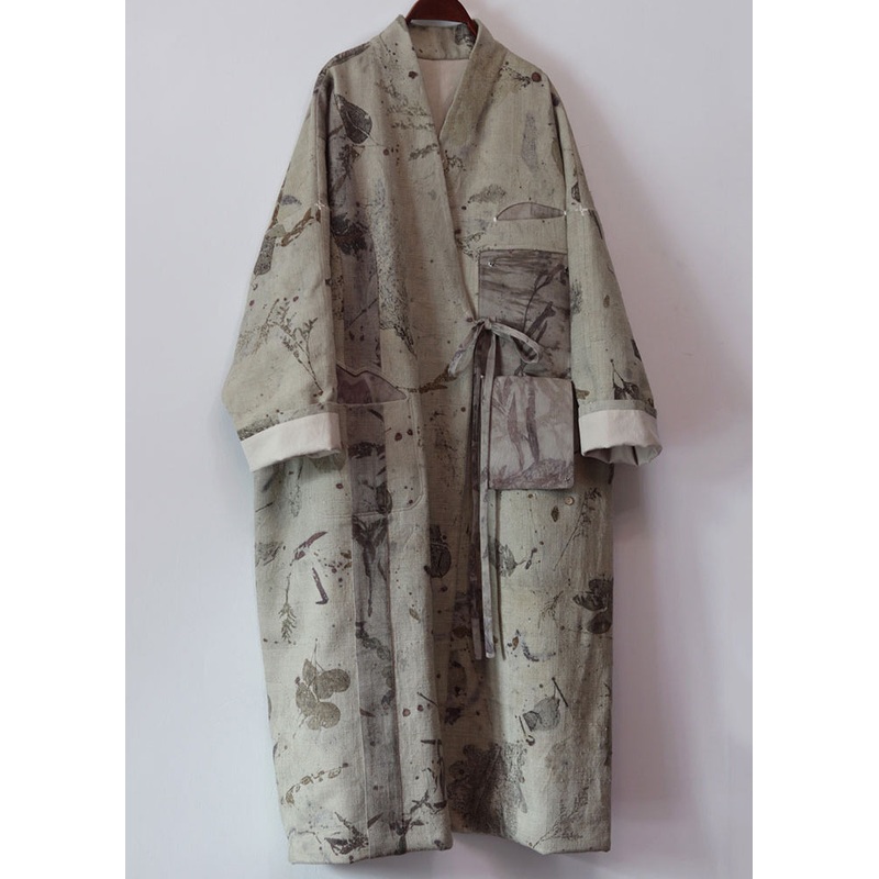 Women Dark Gray V Neck Lace Up Patchwork Cotton Long Trench Coats Fall