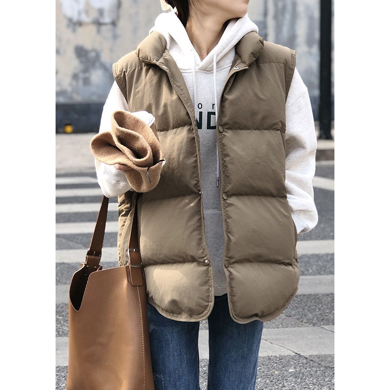 Women Khaki Casual Stand Collar Thick Winter Sleeveless Puffer Vest