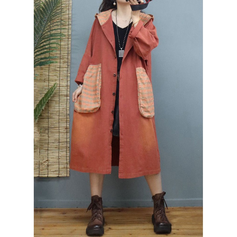 Women Orange Hooded Pockets Patchwork Cotton Coats Fall