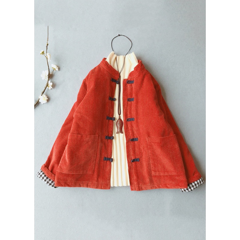 Women Orange Stand Collar Thick Corduroy Parkas Winter