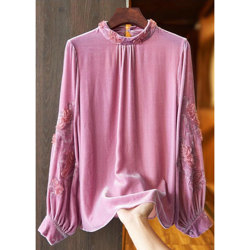 Women Pink Stand Collar Embroideried Velour Top Long Sleeve