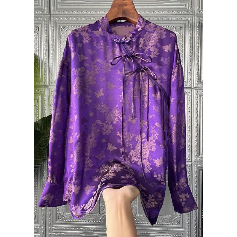 Women Purple Print Lace Up Patchwork Silk Shirts Long Sleeve