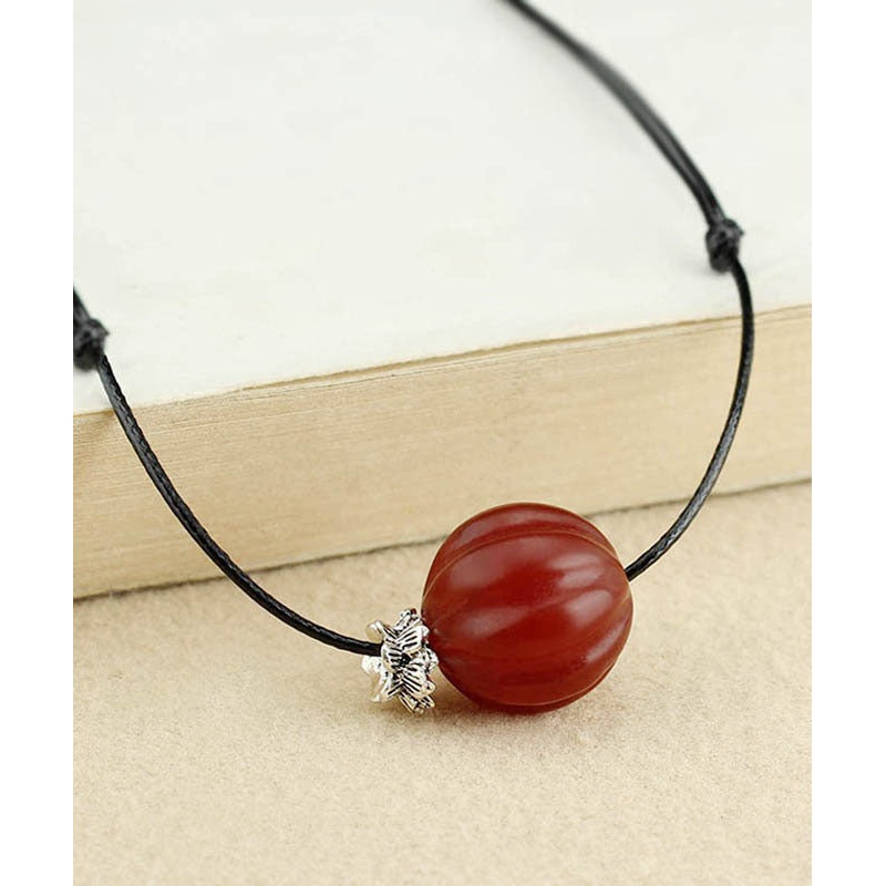 Women Red Agate Pumpkin Shaped Frosted Pendant Necklace