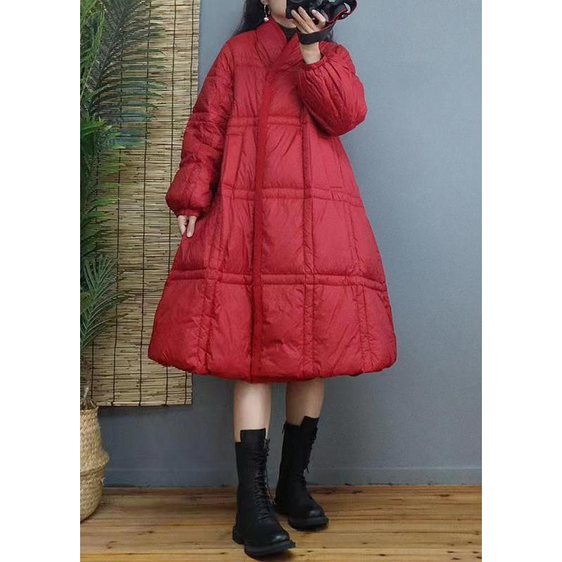 Women Red Button Patchwork Duck Down Long Coat Winter