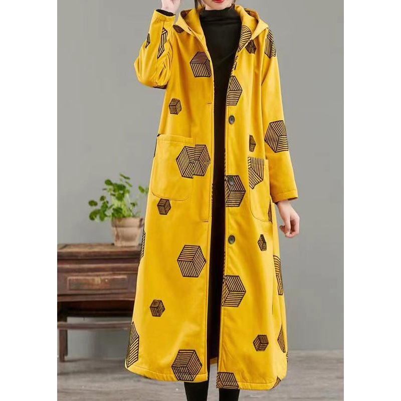 Women Yellow Hooded Pockets Print Warm Fleece Coat Winter