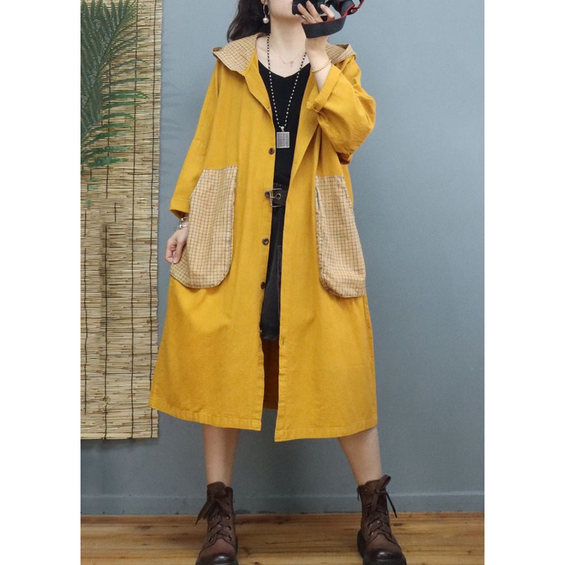 Yellow Button Patchwork Long Cotton Coats Hooded Long Sleeve