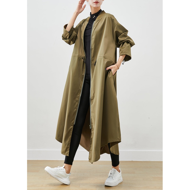 Army Green Spandex Trench Coats Zip Up Drawstring Fall