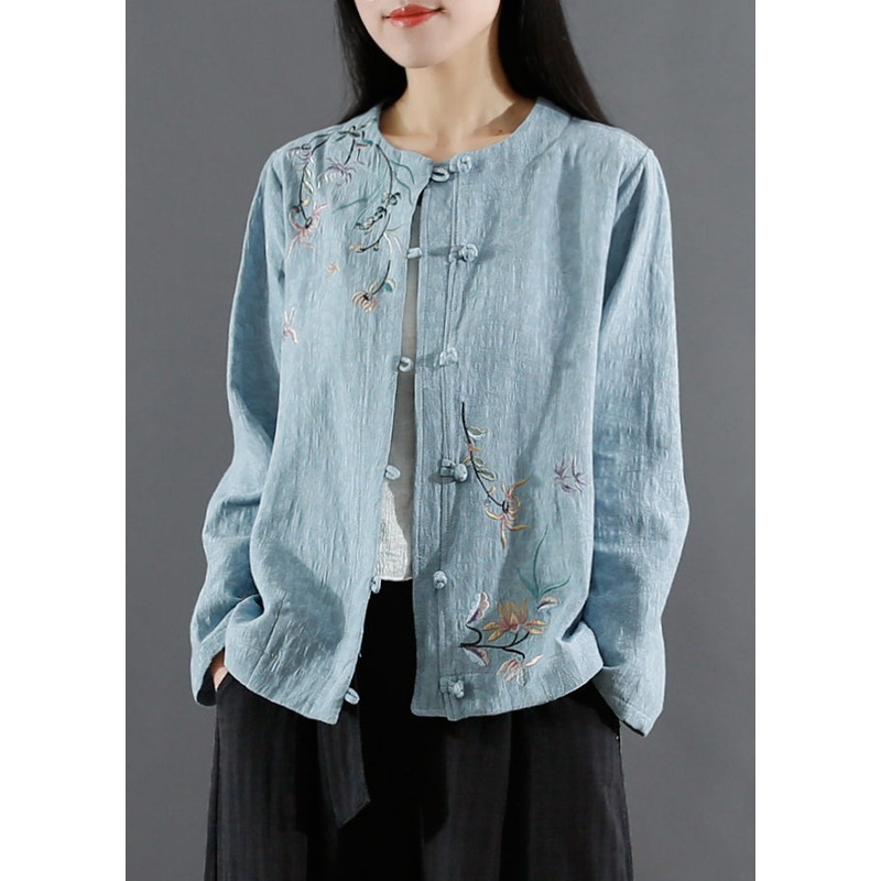 Art Blue Jacquard Embroidered Patchwork Cotton Coat Fall