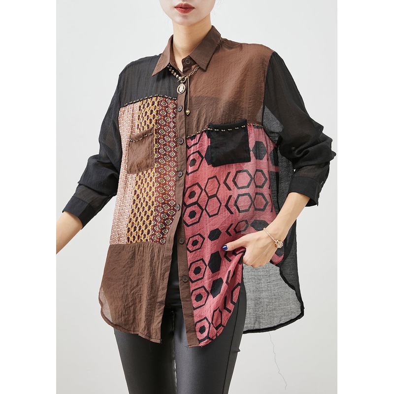 Art Colorblock Oversized Patchwork Cotton Shirt Fall