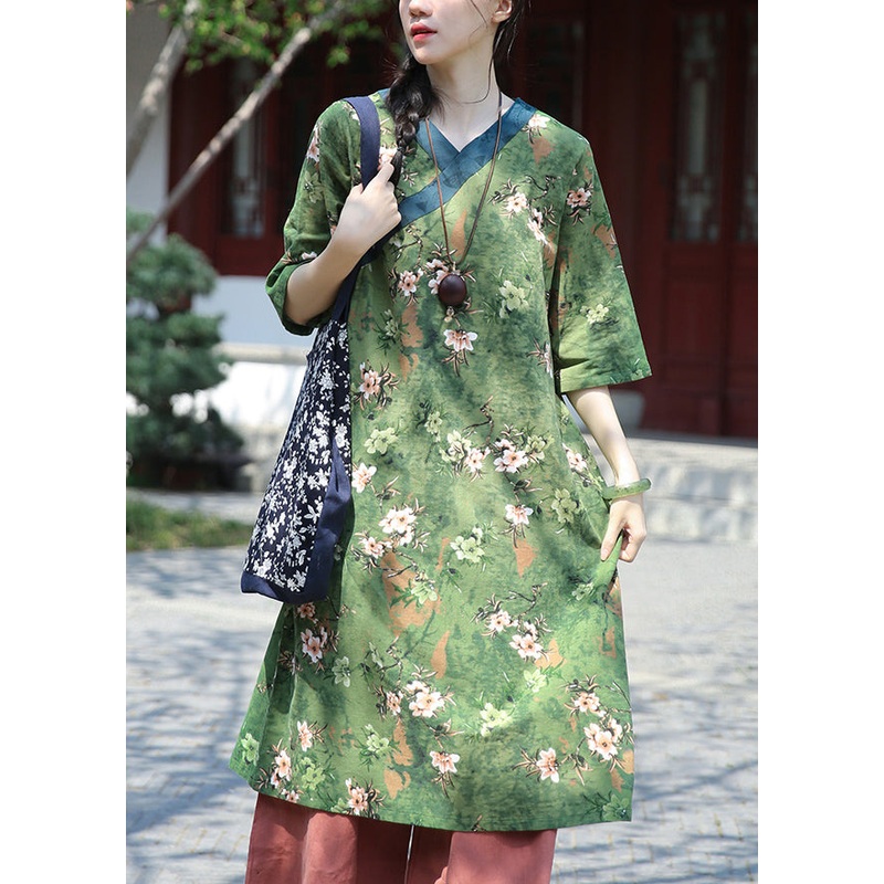 Art Green V Neck Print Patchwork Cotton Dress Half Sleeve
