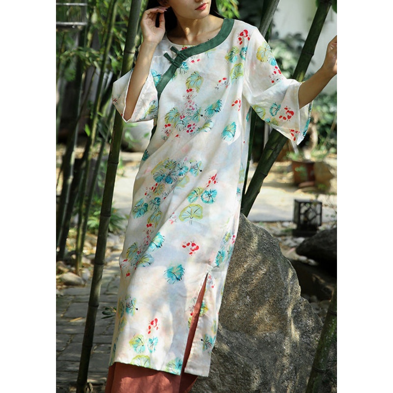 Beautiful Beige Print Side Open Patchwork Cotton Dresses Bracelet Sleeve