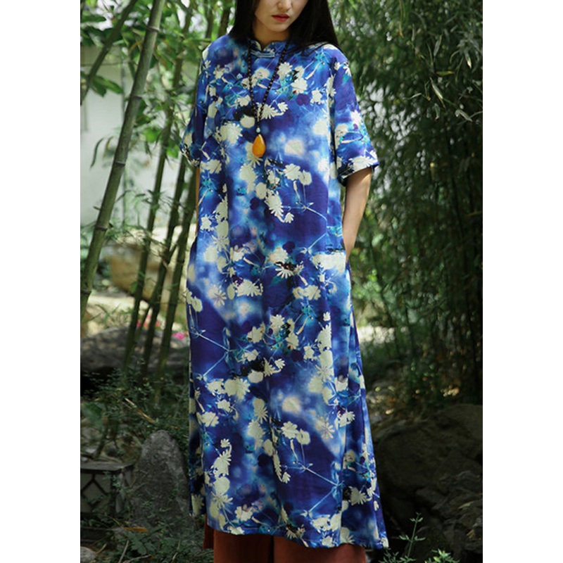 Beautiful Blue Print Pockets Linen Long Dresses Short Sleeve