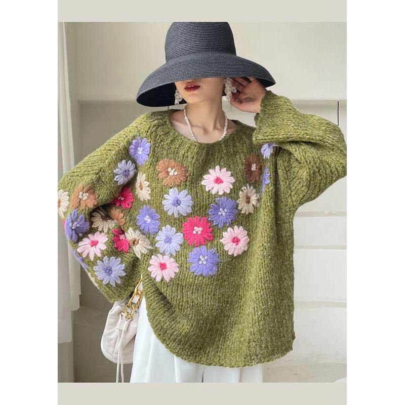 Beautiful Green Embroidered Floral Knit Sweaters Winter