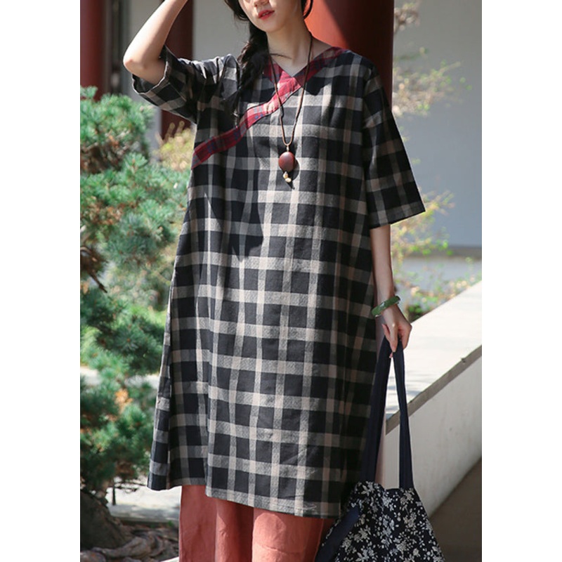 Black Pockets Patchwork Cotton Dress V Neck Summer
