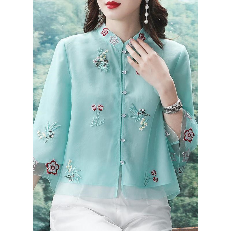 Blue Button Patchwork Shirt Top Embroideried Half Sleeve