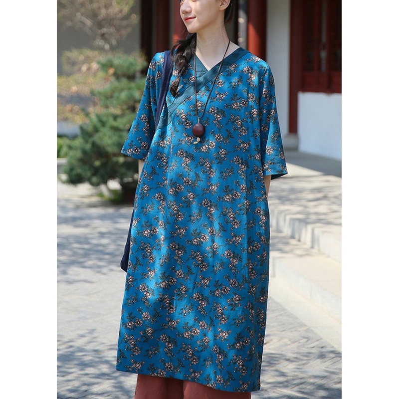 Blue Pockets Patchwork Cotton Dress V Neck Summer