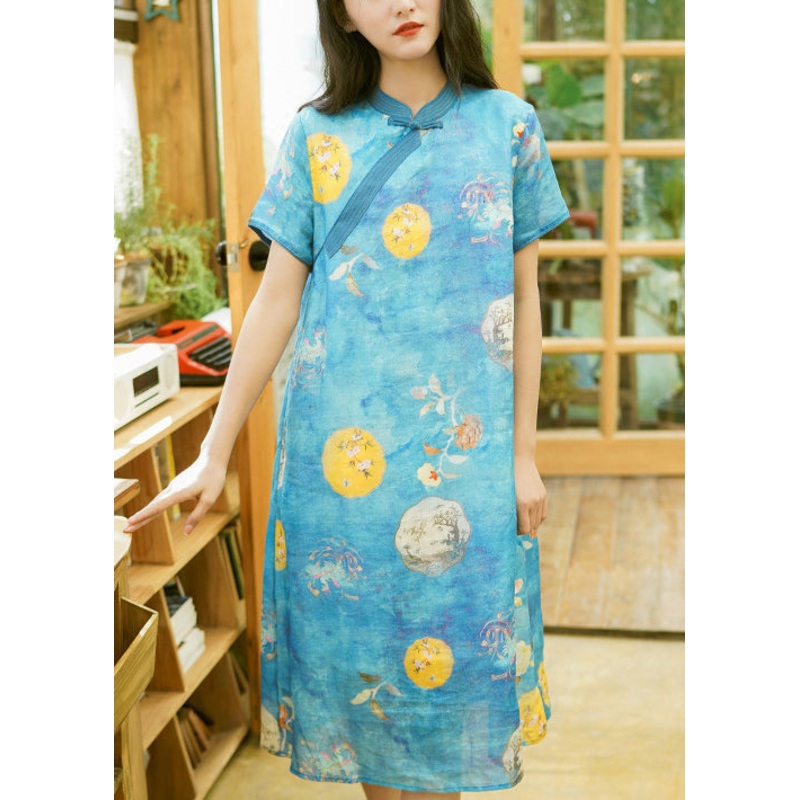 Blue Print Patchwork Linen Dress Stand Collar Short Sleeve