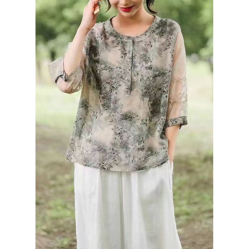 Bohemian Black Print Tulle Patchwork Shirts Half Sleeve