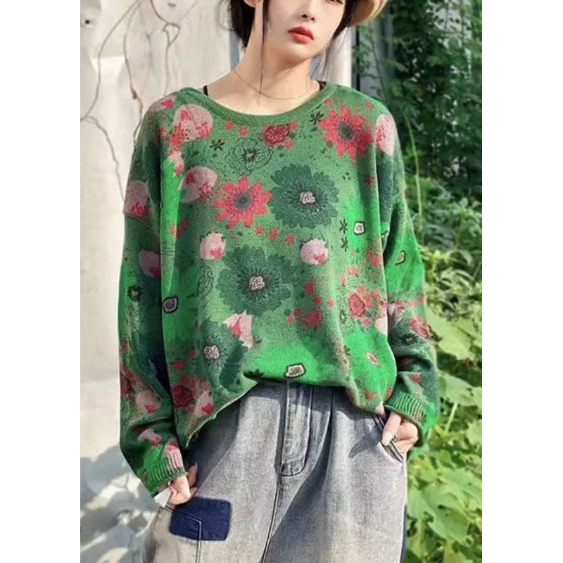 Bohemian Green O-Neck Print Knit Sweater Tops Winter