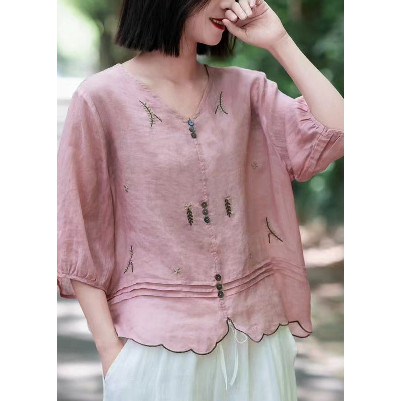 Bohemian Pink V Neck Embroideried Wrinkled Ramie Tops Fall