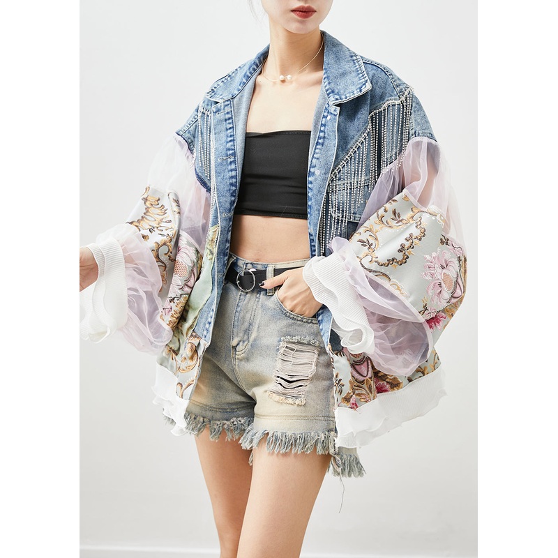 Boho Blue Tasseled Patchwork Tulle Denim Coat Lantern Sleeve