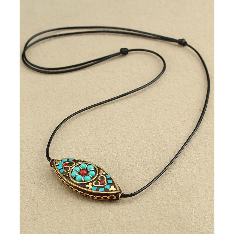 Boho Green Hand Knitting Copper Turquoise Pendant Necklace