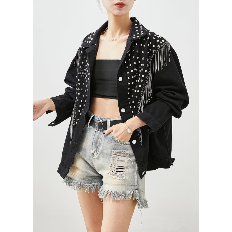 Boutique Black Tasseled Rivet Denim Jackets Fall