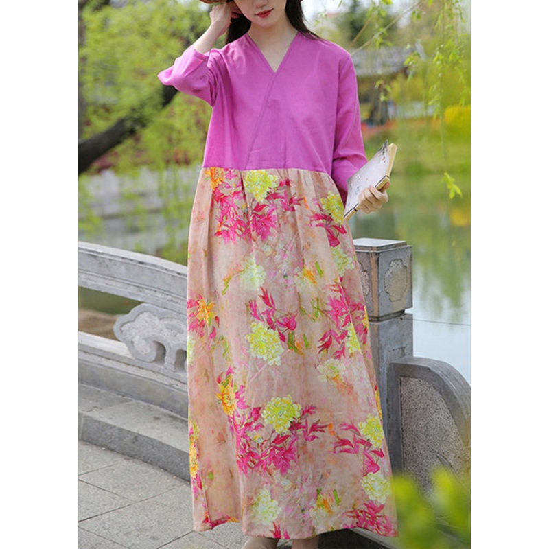 Boutique Rose Print Pockets Patchwork Cotton Long Dresses Summer