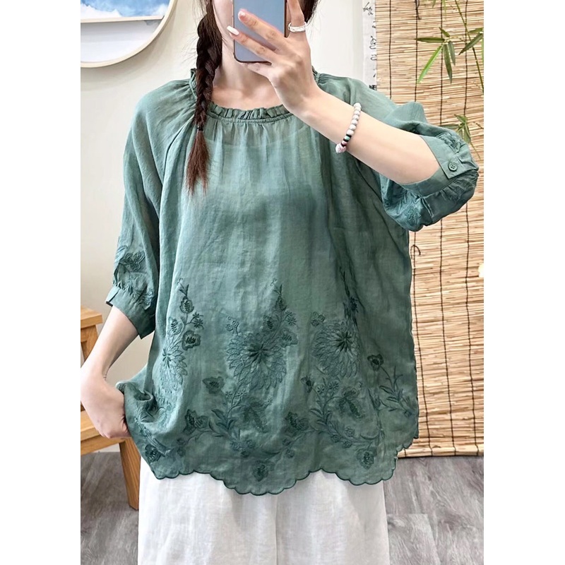 Brief Green O-Neck Embroideried Ruffled Patchwork Linen Top Fall