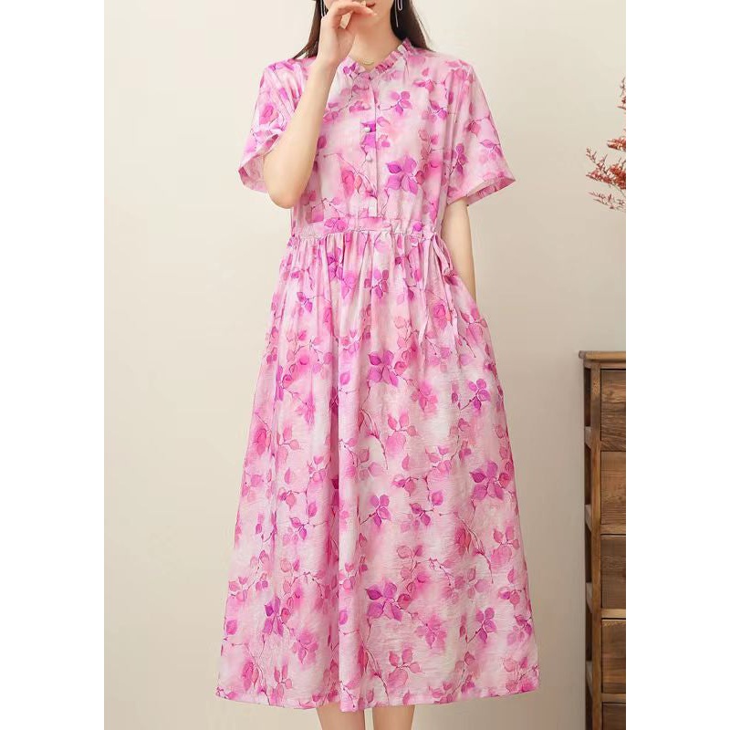 Casual Pink Print Ruffled Patchwork Drawstring Silk Linen Long Dress Short Sleeve