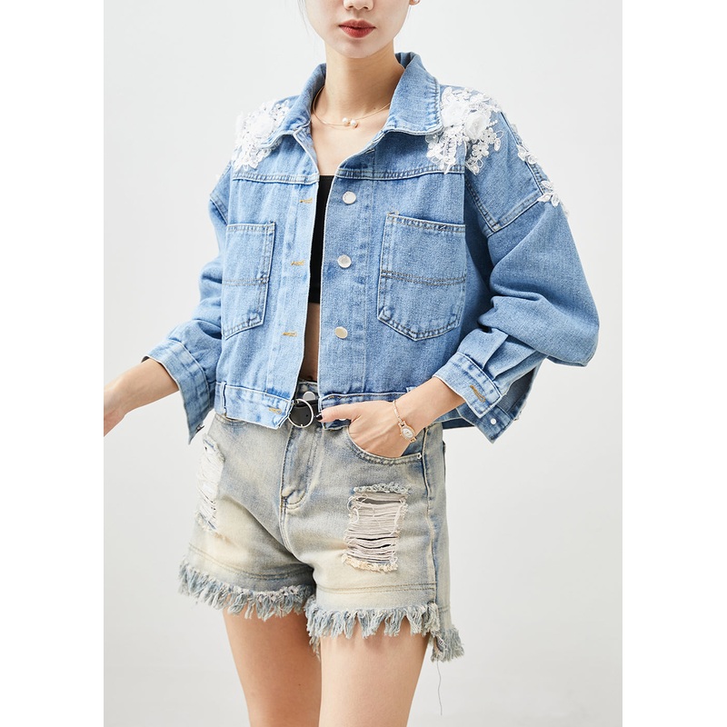 Chic Blue Oversized Stereoscopic Floral Denim Coat Fall