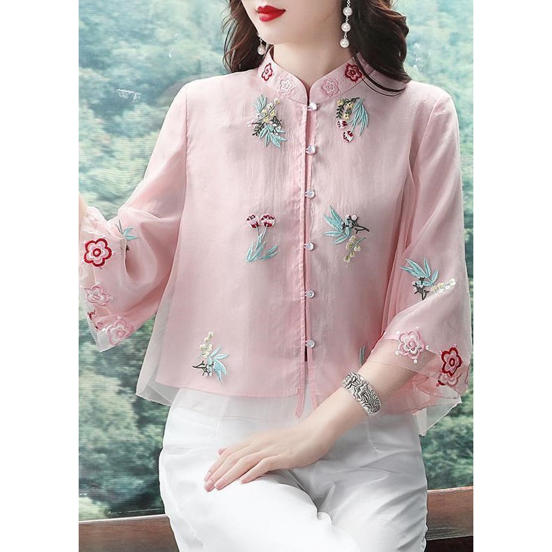 Chic Pink Stand Collar Embroideried Patchwork Chiffon Tops Summer
