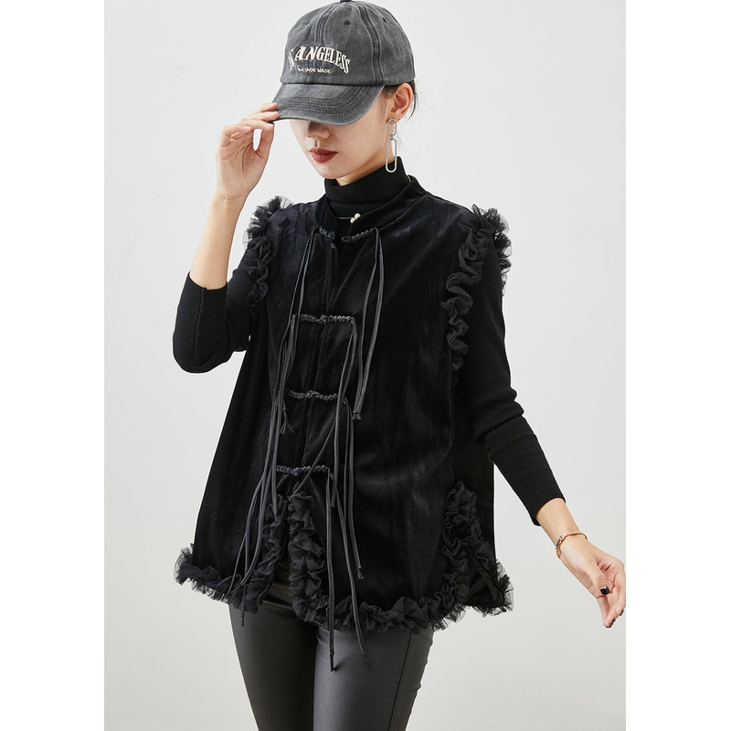 Chinese Style Black Tasseled Ruffled Silk Velour Vest Fall