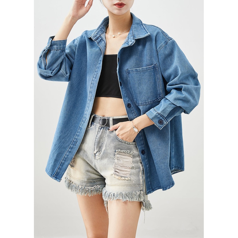 Classy Blue Oversized Pocket Denim Shirt Fall