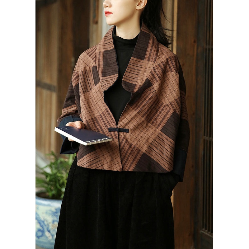 Coffee Button Patchwork Cotton Coat Stand Collar Long Sleeve