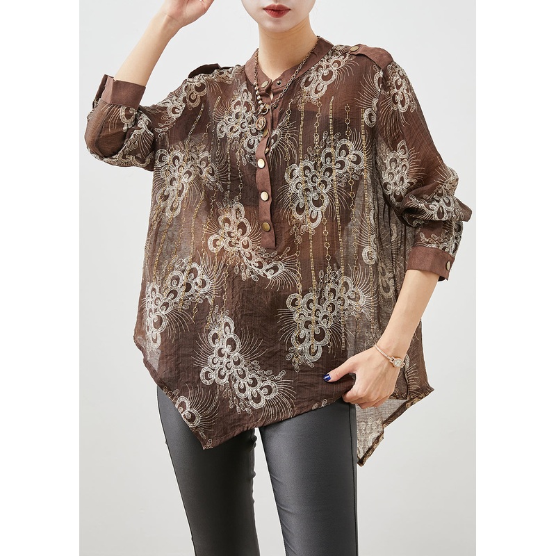 Coffee Print Cotton Shirt Top Asymmetrical Fall