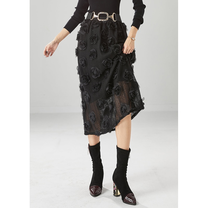 Diy Black High Waist Three-dimensional Floral Knit Skirt Fall