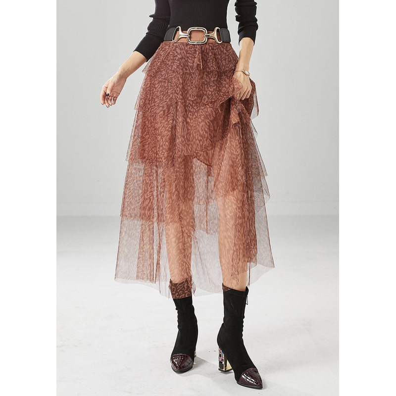 Diy Brick Red Layered Design Print Tulle Skirt Summer