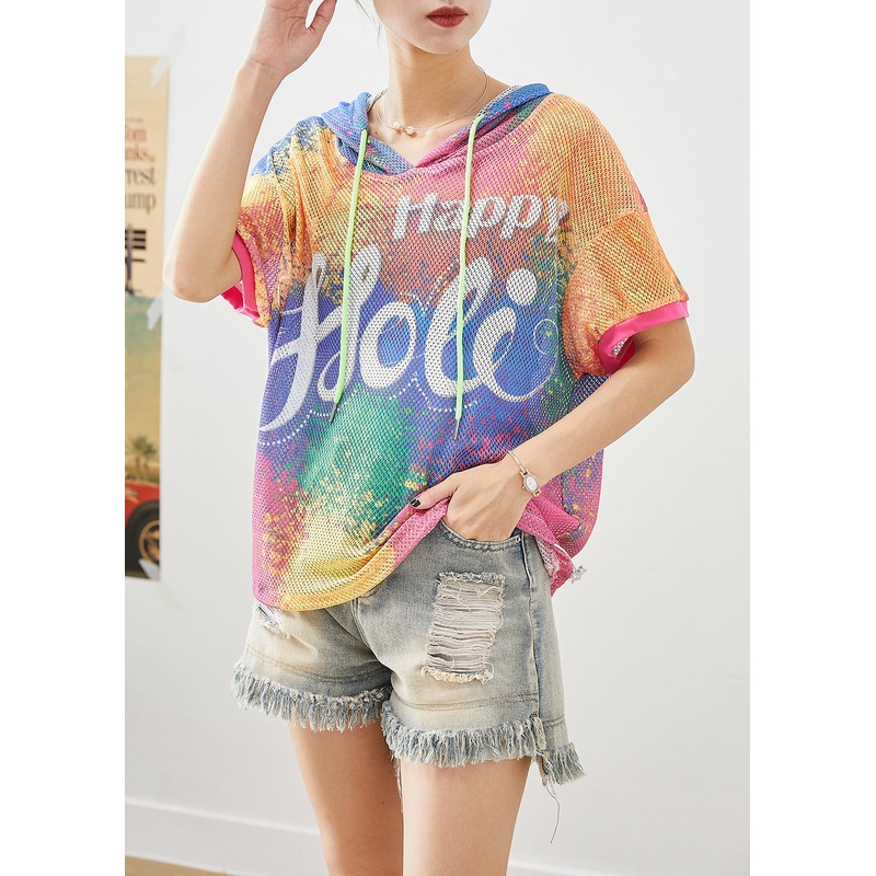 DIY Chromatic Hooded Tie Dye Tulle Loose Sweatshirts Top Summer