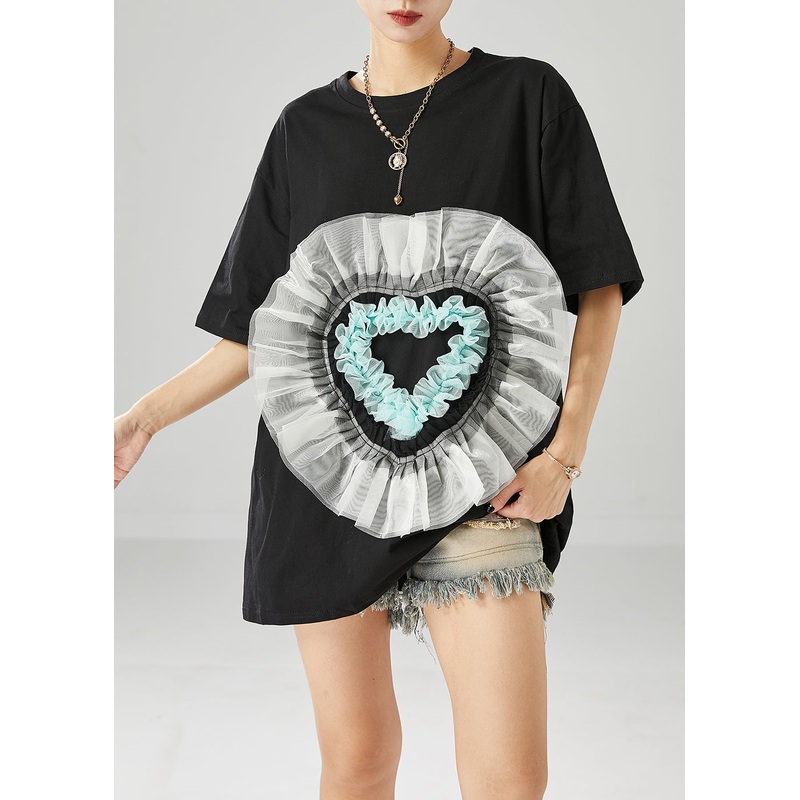 Elegant Black Oversized Patchwork Love Appliqued Cotton Tank Tops Summer
