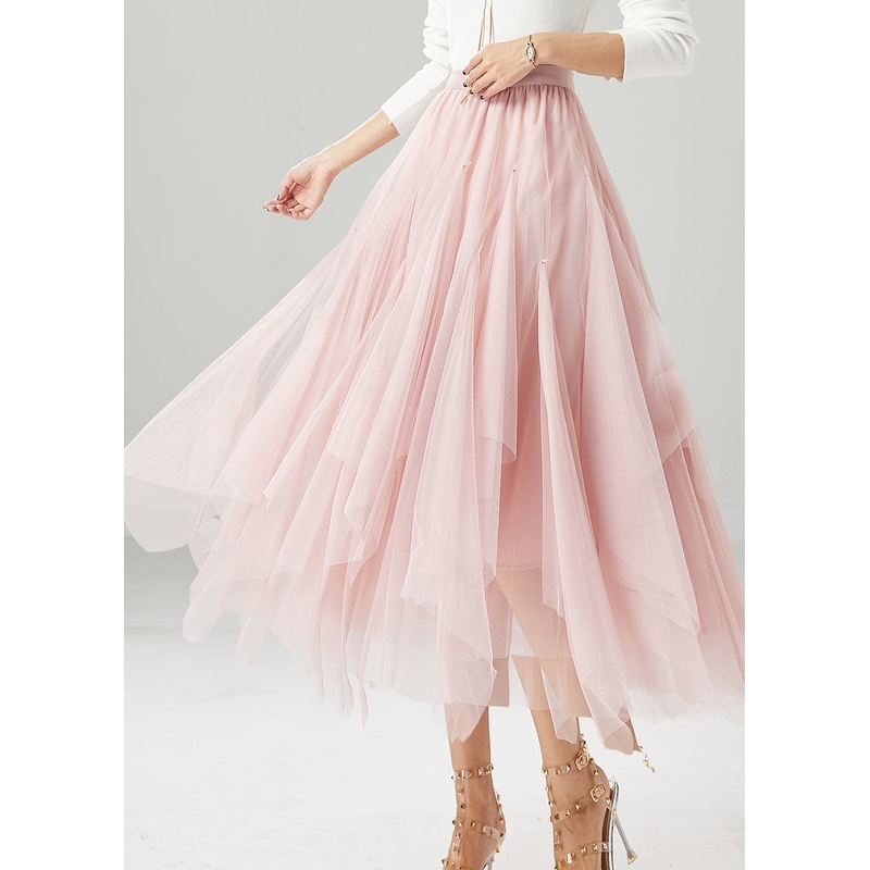 Elegant Pink Elastic Waist Exra Large Hem Tulle Skirts Fall