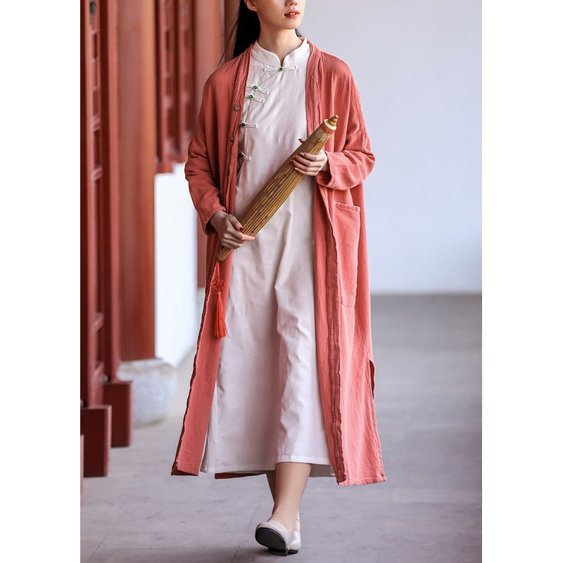 Fashion Brick Red Button Pockets Patchwork Cotton Long Coat Fall
